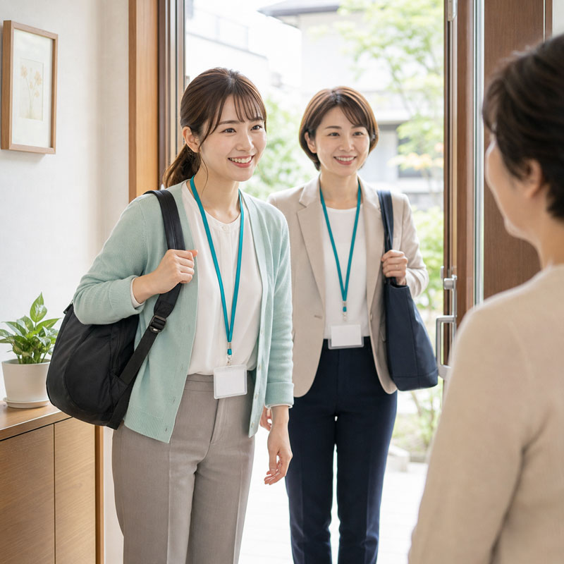先輩と利用者宅へ訪問している様子