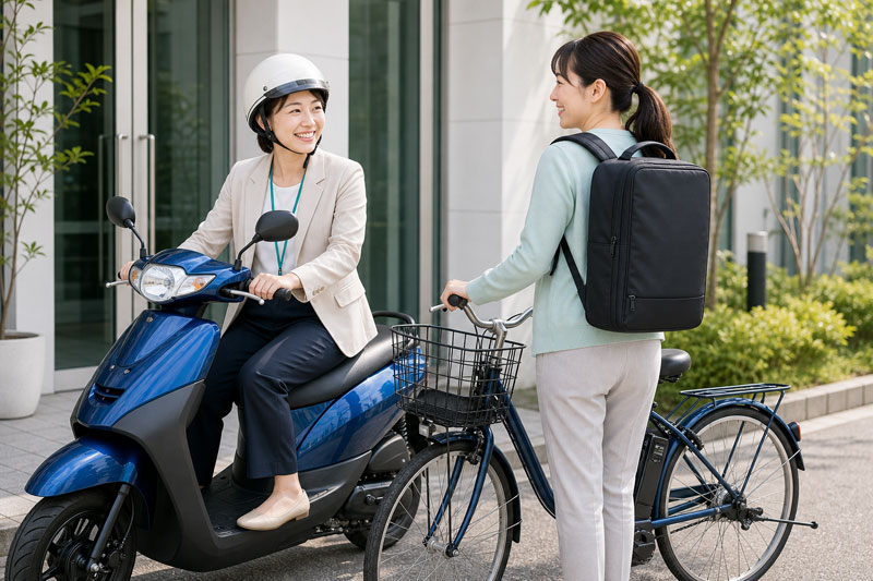 業務用バイクと電動自転車、訪問用バッグを活用する職員の様子